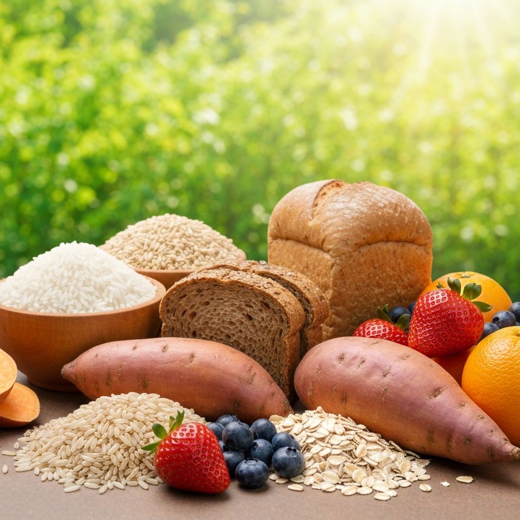 Carbohydrate sources including rice, bread, oats, and sweet potato