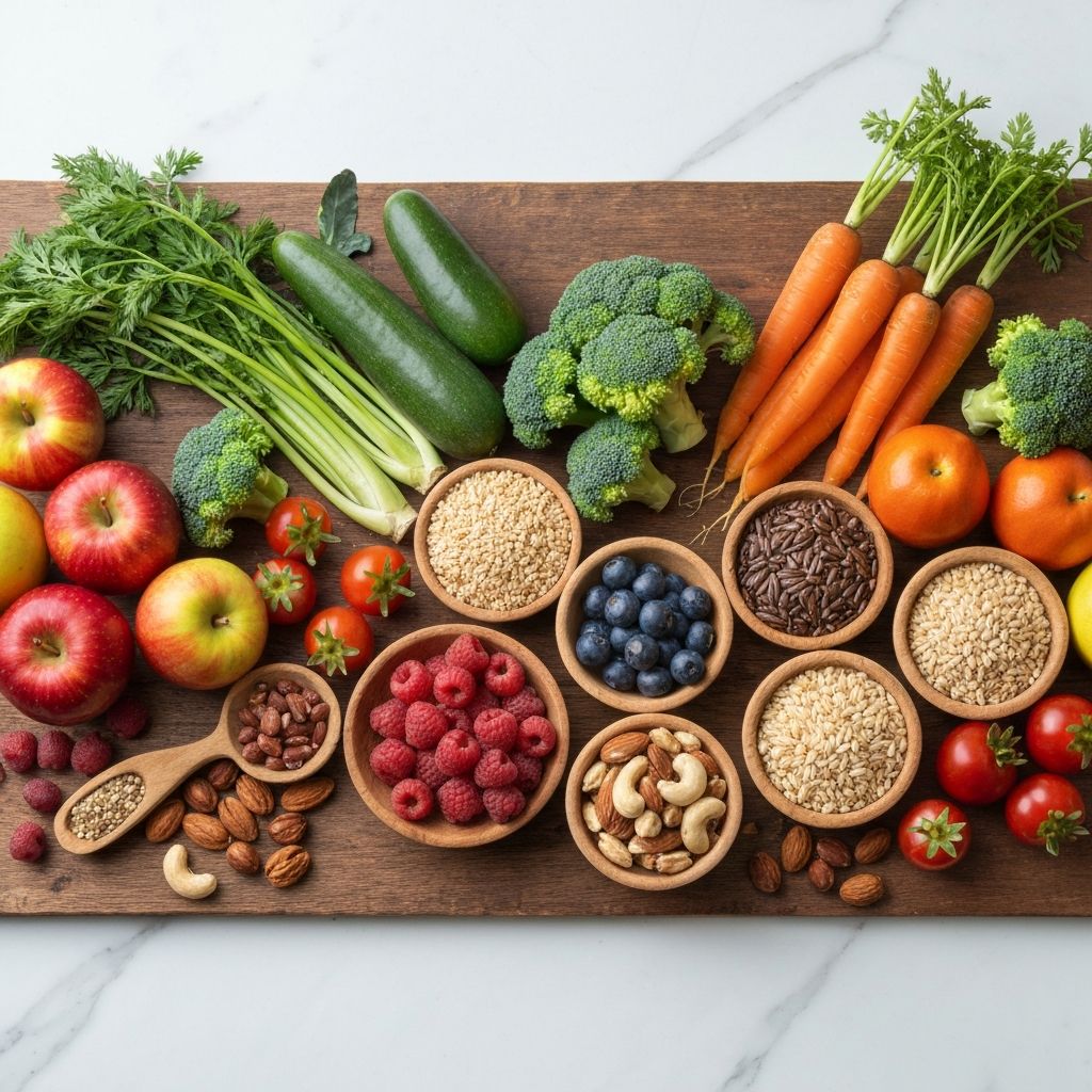 Balanced seasonal produce on rustic wooden table